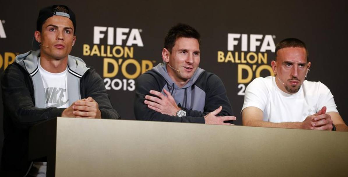 Il tris di candidati alla vittoria finale. Da sinistra Ronaldo, Messi e Ribery. Reuters
